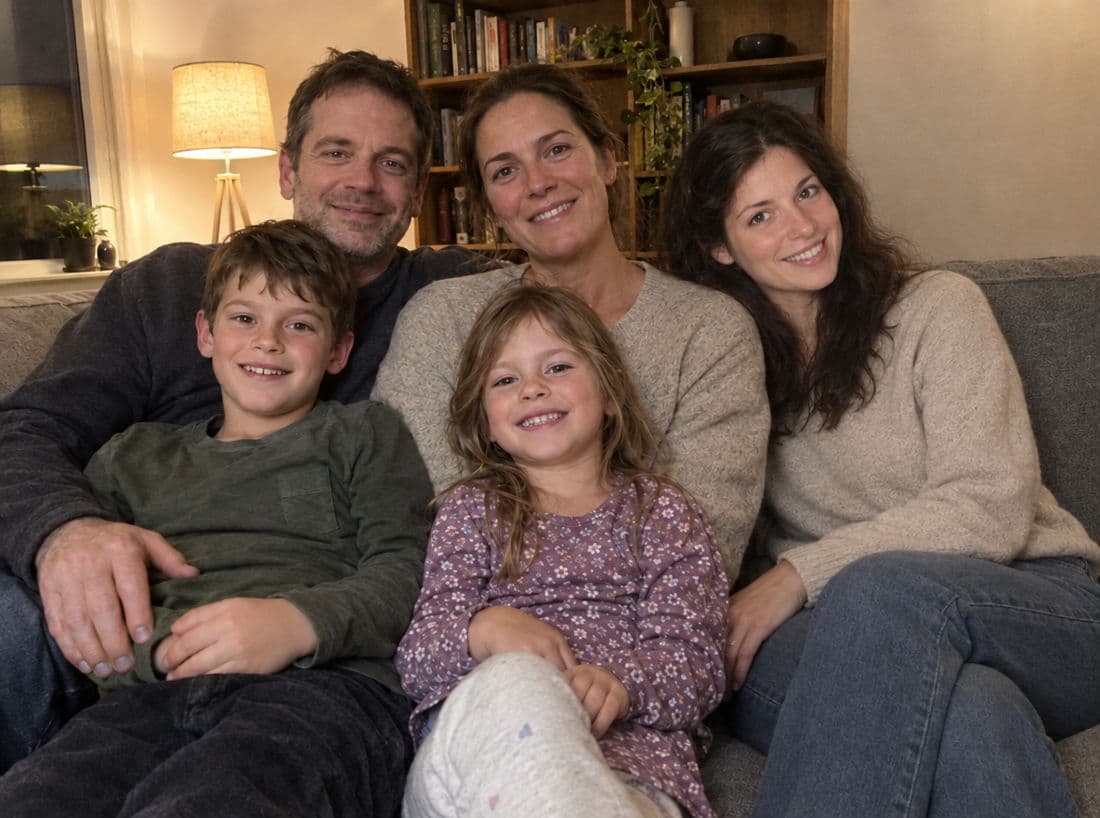 The family on the sofa with their aunt added