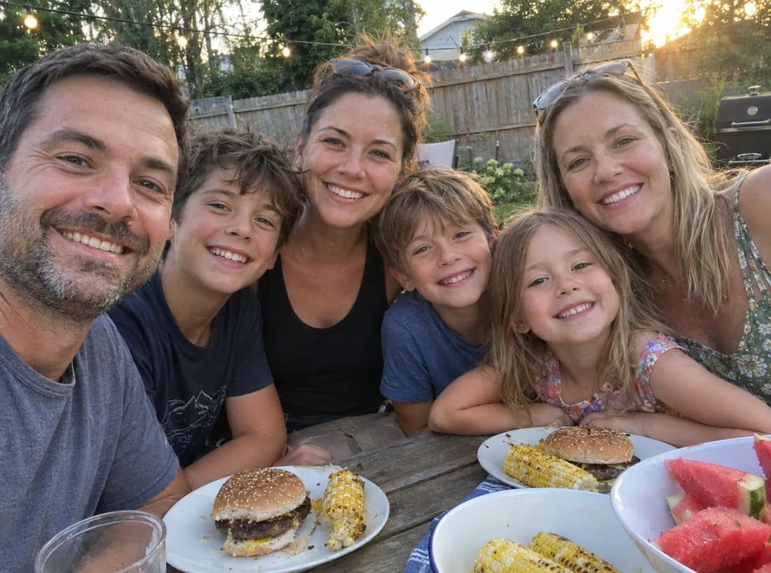 A family crowded around a picnic table at a backyard barbecue